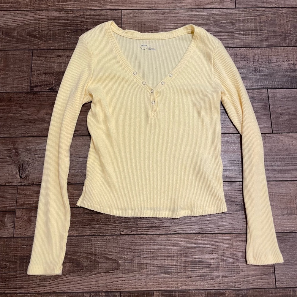 Aerie Light Yellow Cozy Knit Pajama Henley Top